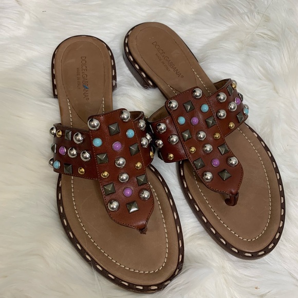 Dolce & Gabbana Calfskin Leather Gem Flip Flops - Picture 2 of 8